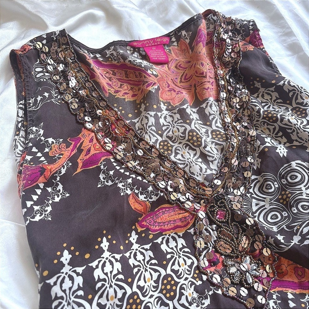 y2k boho Sunny Leigh Silk Blouse Brown Sequin Beaded V-Neck Top 2X